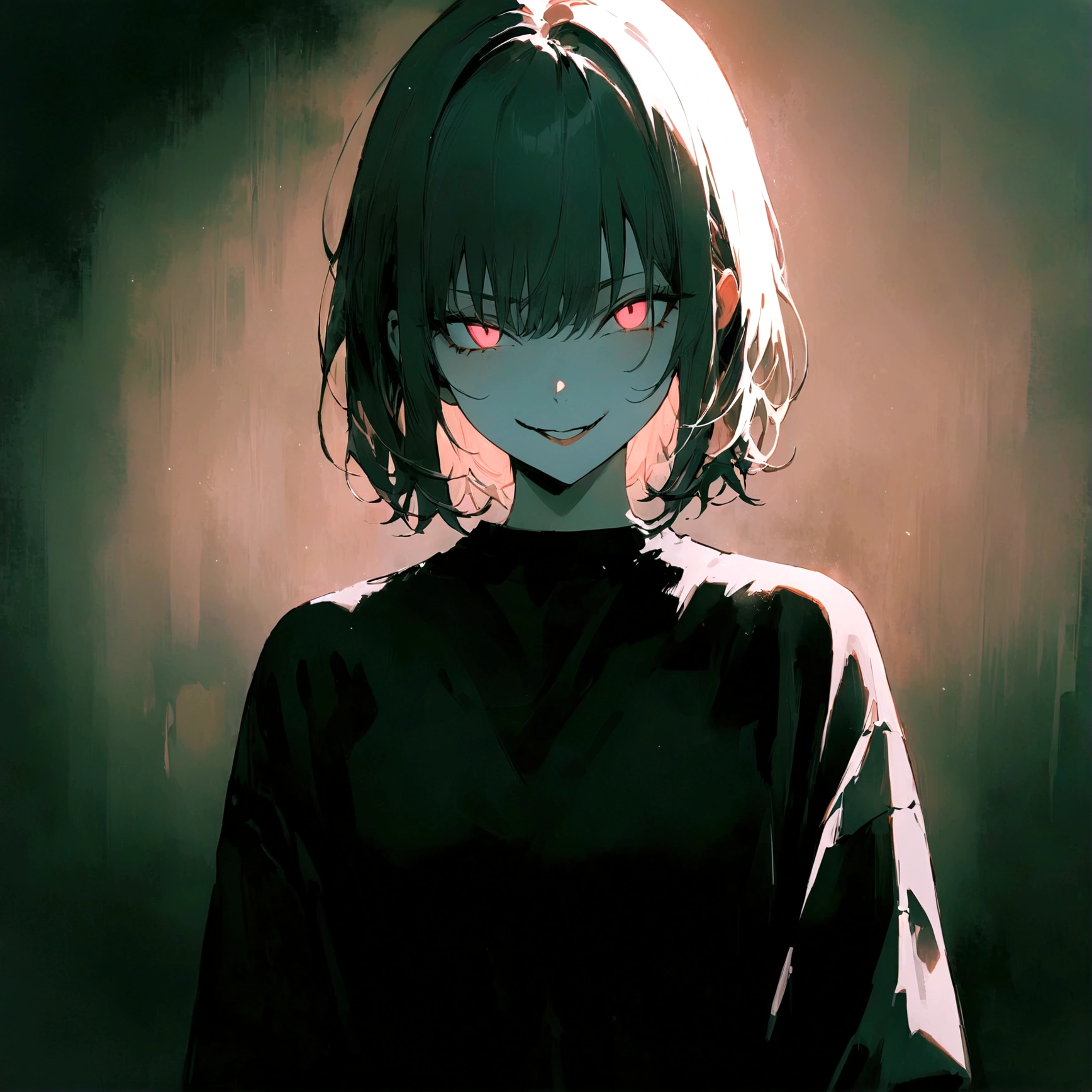 (Masterpiece:1.2, Best Quality), 1 woman, whole body, black sweater, Casual, by the green wide, minimal makeup, , pale,Natural fabrics, closeup face, evil smile, bright eyes circular pupils,8K high resolution, detailed lines, ((whole body))