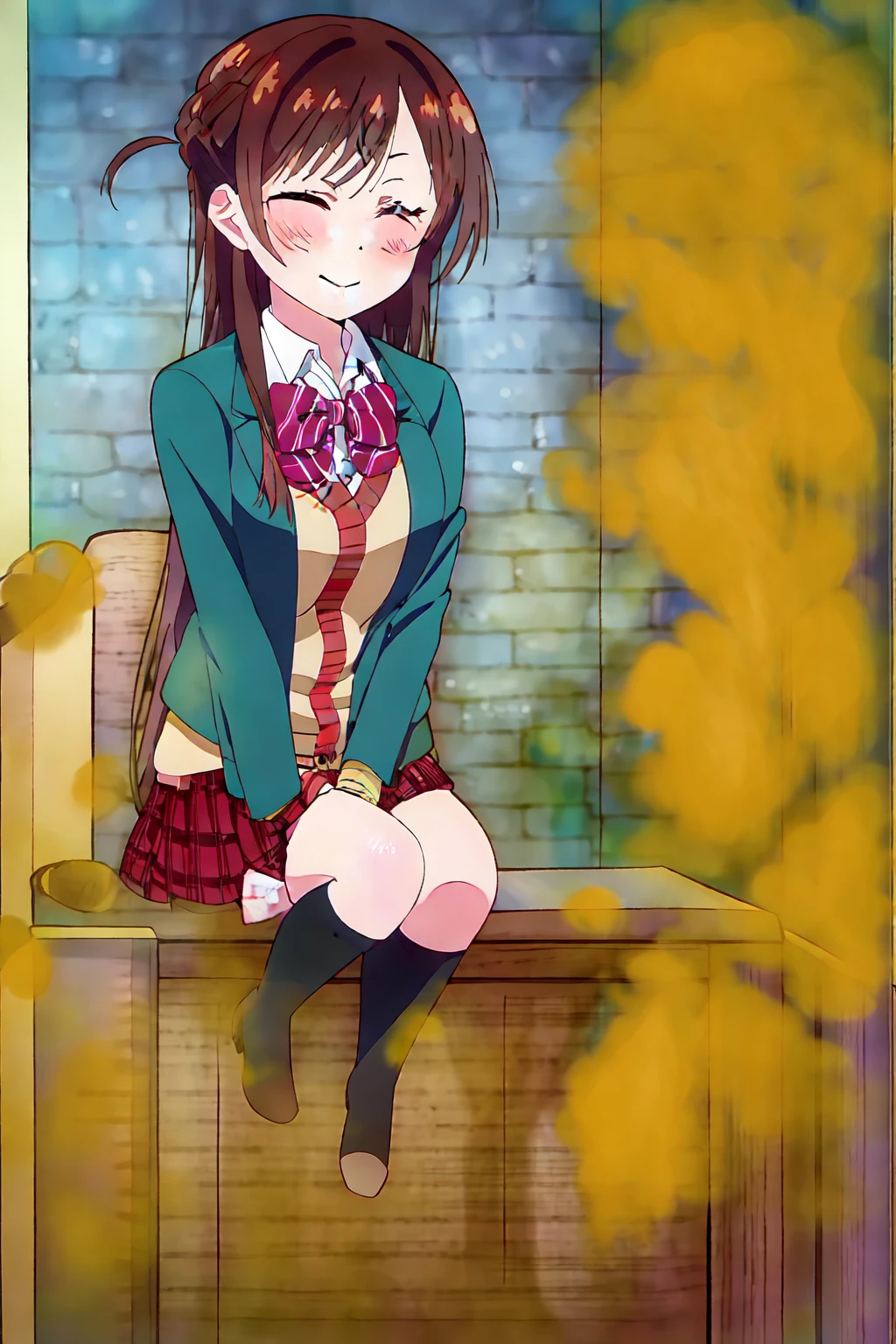 solo, 1female, ChizuruMizuhara, 1girl, half updo, straight hair, long hair, side ponytail, blazer, open clothes, collared shirt, striped bowtie, sweater vest, plaid pleated miniskirt, black socks loafers, massive fart, yellow smoke rising, relieved face, relief, closed eyes, climax, climax face, smiling, blush, bend over, alone in bedroom