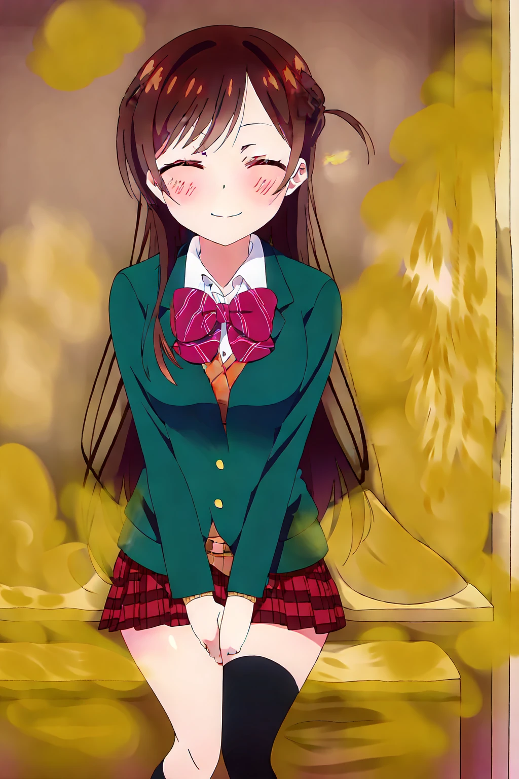 solo, 1female, ChizuruMizuhara, 1girl, half updo, straight hair, long hair, side ponytail, blazer, open clothes, collared shirt, striped bowtie, sweater vest, plaid pleated miniskirt, black socks loafers, massive fart, yellow smoke rising, relieved face, relief, closed eyes, climax, climax face, smiling, blush, bend over, alone in bedroom