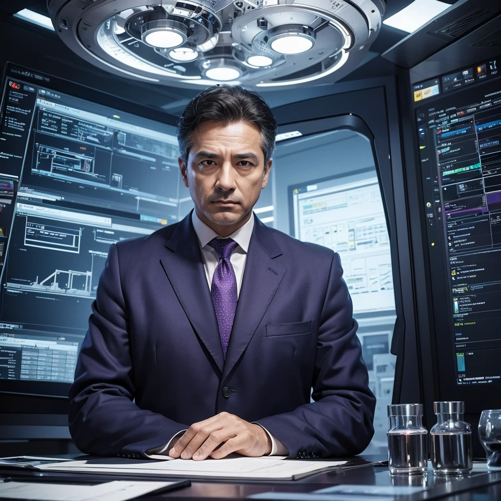 Create an image of a middle-aged male architect wearing a sophisticated purple suit. He should be portrayed in a thoughtful and strategic pose, perhaps looking over blueprints or working on a futuristic architectural model. The setting should be modern and sleek, reflecting his intellectual prowess and strategic genius. Include elements that emphasize his analytical mind and innovative thinking, such as complex diagrams, a high-tech environment, and an intense, focused expression. The overall atmosphere should convey intelligence, precision, and visionary leadership.