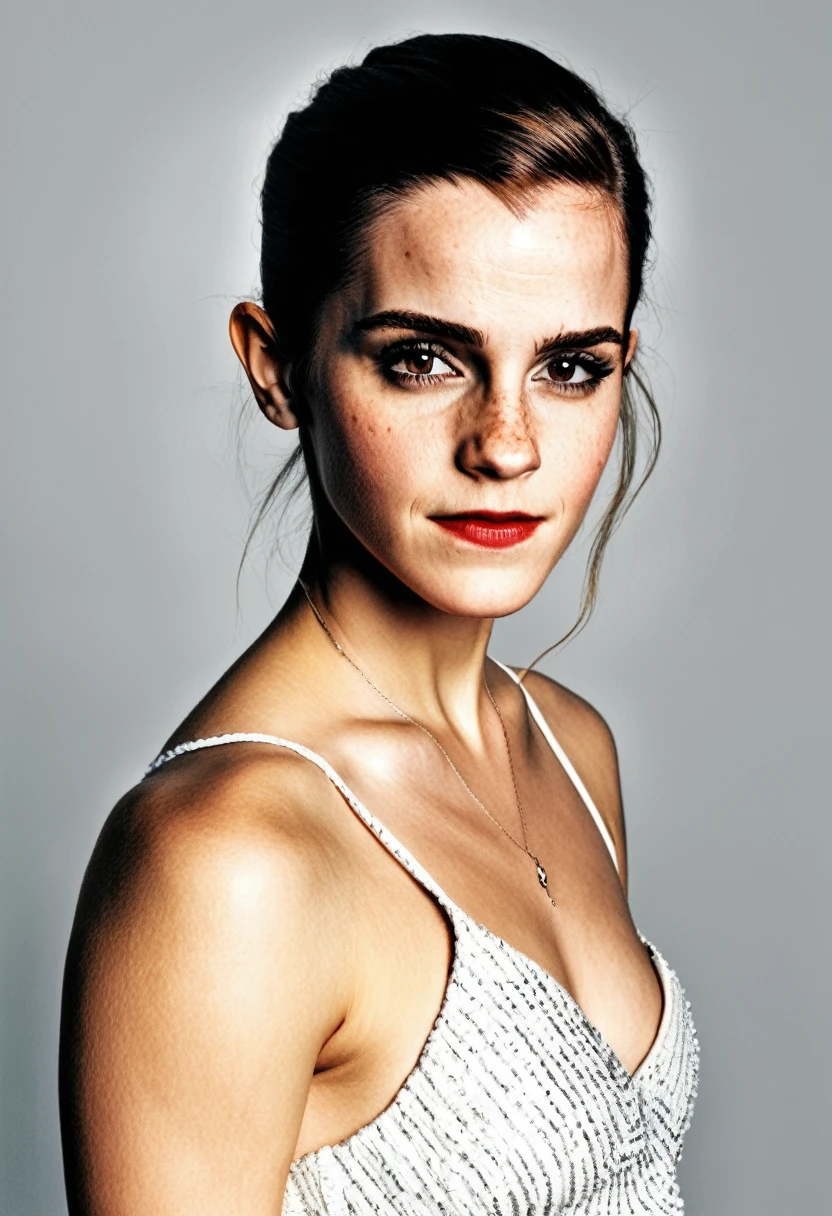 hyperdetailed photography of Emma Watson, masterpiece, best quality,highly detailed, very detailed skin texture,  (looking at viewer:1.4), full body,  blank background, 
 topless