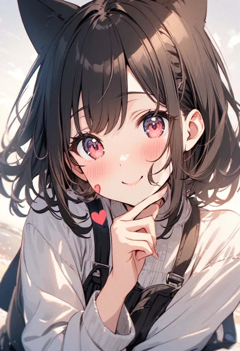 Cute girl makes a heart on her cheek with her hand