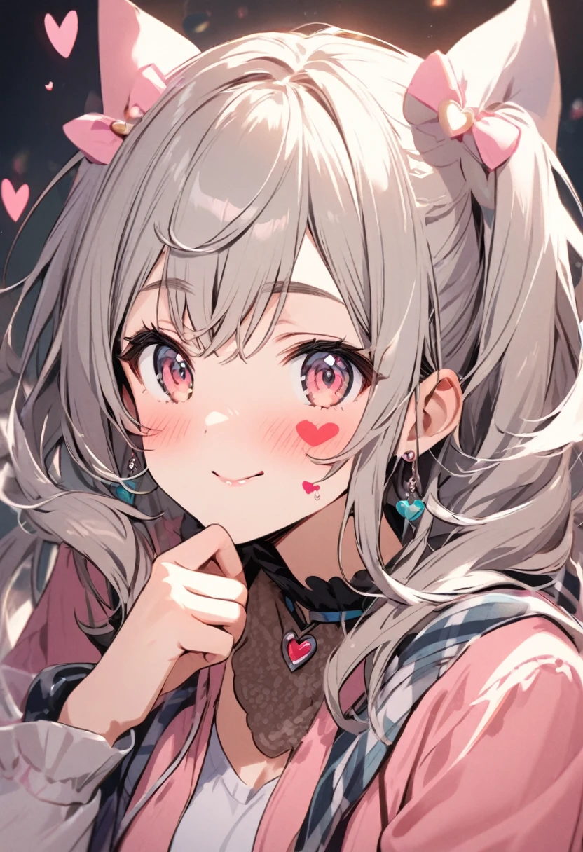 Cute girl makes a heart on her cheek with her hand
