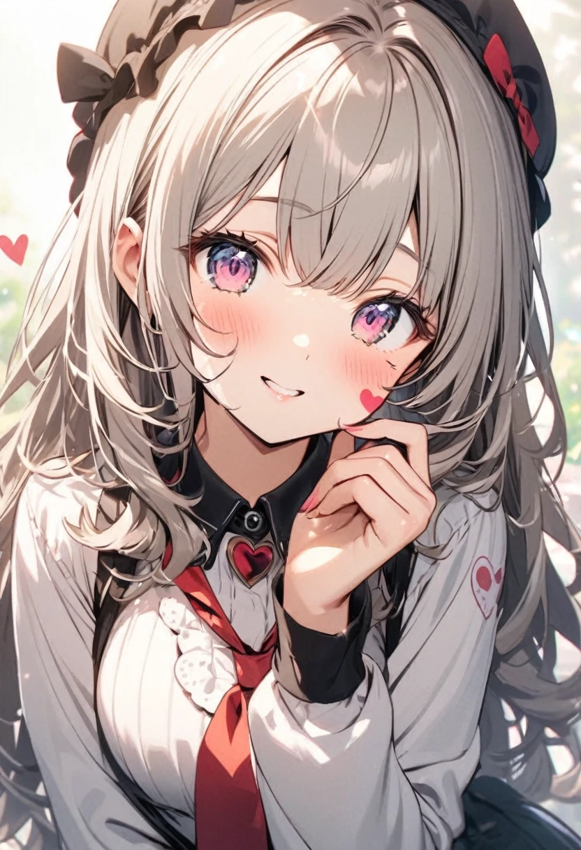 Cute girl makes a heart on her cheek with her hand