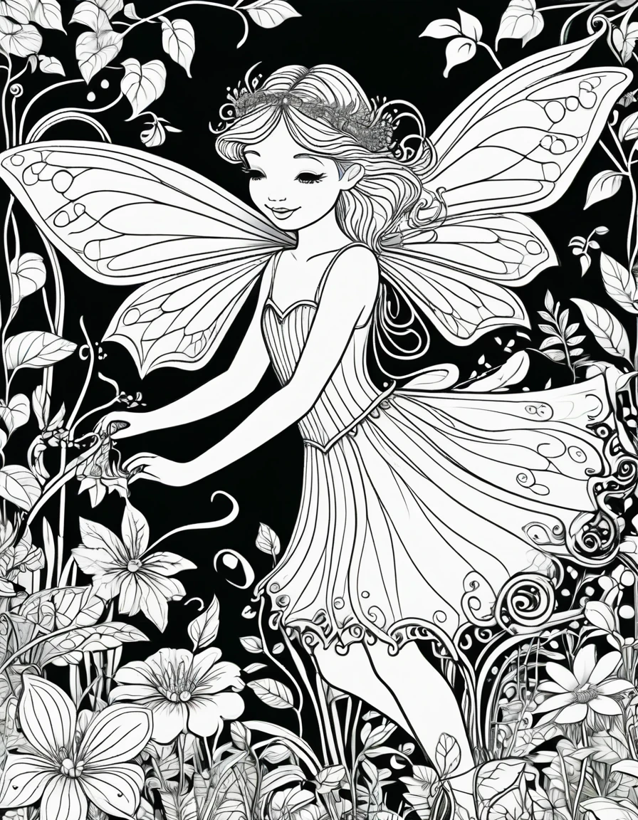 Create a series of black and white line drawings depicting whimsical fairy creatures interacting with a lush garden environment. Include elements such as delicate fairy wings, ethereal glow from magical plants, tiny fairy houses nestled among flowers, and intricate patterns of vines and leaves. The scenes should evoke a sense of enchantment and wonder, suitable for ren's coloring books.