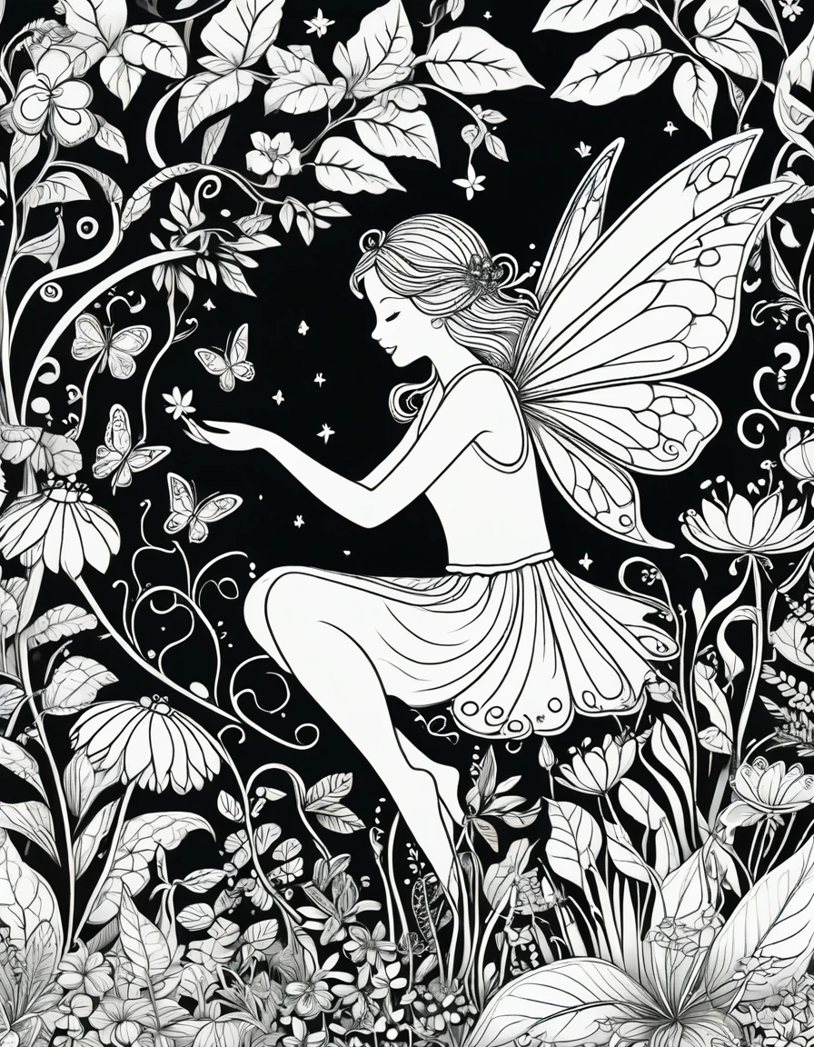 Create a series of black and white line drawings depicting whimsical fairy creatures interacting with a lush garden environment. Include elements such as delicate fairy wings, ethereal glow from magical plants, tiny fairy houses nestled among flowers, and intricate patterns of vines and leaves. The scenes should evoke a sense of enchantment and wonder, suitable for children's coloring books.
