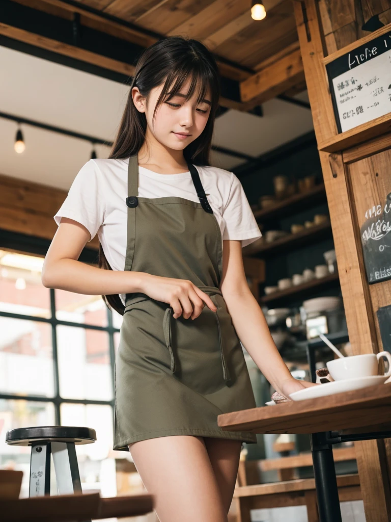 18-year-old girl working at a quiet cafe. Apron skirt. Low angle shooting