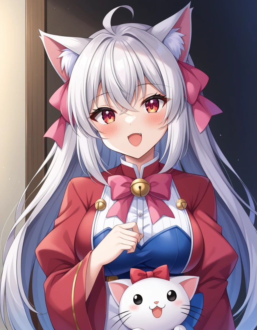 比基尼, fondo de playa, masterpiece, high qulity, (big breastes:1.2), A white cat girl, with white hair, with bangs,and with a pink bow and a cat tail