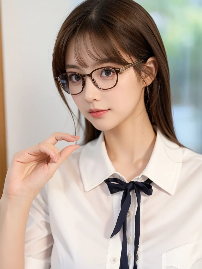 1girl, masterpiece, high_quality, office_uniform, glasses, brown_hair