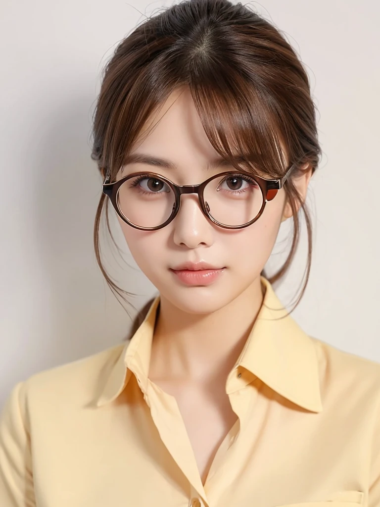 1girl, masterpiece, high_quality, office_uniform, glasses, brown_hair