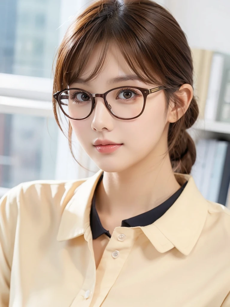 1girl, masterpiece, high_quality, office_uniform, glasses, brown_hair