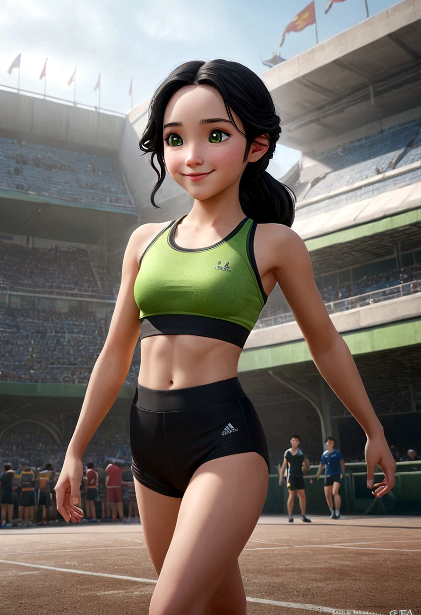 young 9-year-old daughter of severus snape,((highest quality)),(ultra high resolution),(Super detailed),(detailed description),((best CG)),(best work of art) ,black hair, green eyes, (highest quality:1.4)、High resolution、detailed background)、(detailed beautiful face:1.4)、anatomically correct、moderate chest、attractive ass、black hair、braided bob、ponytail、realistic、perfect body line、thick thighs、emphasize the buttocks、healthy、Healthy and beautiful、 Smiling and relaxed while stretching with her coach and teammates、 After finishing a race or practice session, participants high-five their teammates to share their joy.、 Sitting with friends during breaks and drinking water、 Close-up of the buttocks from a low angle、Super close-up shot from directly below、Beautiful teenage girl looking back、athletics stadium、 Opt for fitted crop tops and bodysuits、 The mesh design on the back and sides and the lace-up details give it a sexy look.、 We recommend high-waisted fitted running shorts or leggings、 Design with cuts and mesh panels that accentuate the body line、 Choose running shoes that fit well、Bright colors and chic designs、 Opt for a simple sports watch and a thin headband.、 It is important to avoid excessive accessories in order to emphasize sexiness.、 Choose items that you can wear with confidence, such as a fitted sports bra or a tank top that exposes a moderate amount of skin.、A big smile、laughing、smiling、cute