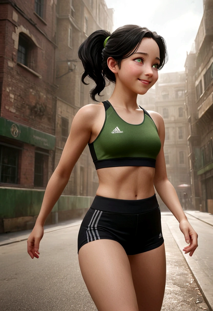 young 9-year-old daughter of severus snape,((highest quality)),(ultra high resolution),(Super detailed),(detailed description),((best CG)),(best work of art) ,black hair, green eyes, (highest quality:1.4)、High resolution、detailed background)、(detailed beautiful face:1.4)、anatomically correct、moderate chest、attractive ass、black hair、braided bob、ponytail、realistic、perfect body line、thick thighs、emphasize the buttocks、healthy、Healthy and beautiful、 Smiling and relaxed while stretching with her coach and teammates、 After finishing a race or practice session, participants high-five their teammates to share their joy.、 Sitting with friends during breaks and drinking water、 Close-up of the buttocks from a low angle、Super close-up shot from directly below、Beautiful teenage girl looking back、athletics stadium、 Opt for fitted crop tops and bodysuits、 The mesh design on the back and sides and the lace-up details give it a sexy look.、 We recommend high-waisted fitted running shorts or leggings、 Design with cuts and mesh panels that accentuate the body line、 Choose running shoes that fit well、Bright colors and chic designs、 Opt for a simple sports watch and a thin headband.、 It is important to avoid excessive accessories in order to emphasize sexiness.、 Choose items that you can wear with confidence, such as a fitted sports bra or a tank top that exposes a moderate amount of skin.、A big smile、laughing、smiling、cute