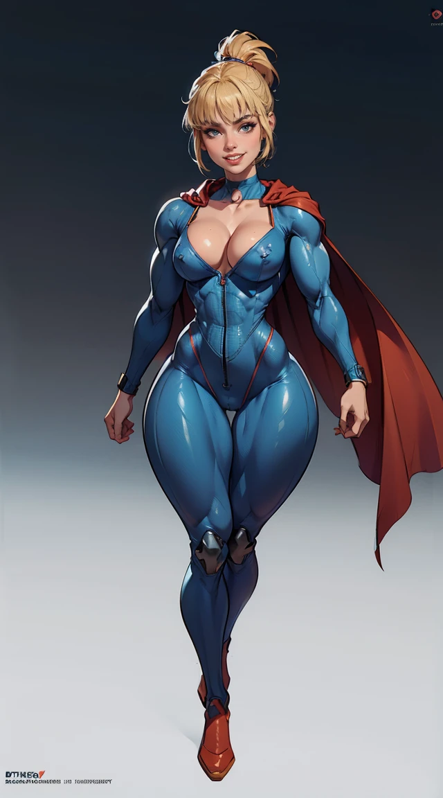 (Muscular:1.9), (thick thighs:1.9),
blonde female, (supergirl), (big smile:1.7), (blunt bangs), (ponytail:0.8),
earrings, lipstick, eyeshadow,
hard nipples, (small breasts:2),
(full body suit, blue bodysuit, cleavage:1.9), (small cape:1.3), (choker:1.2), (flexing a rock hard, balled up, striated bicep that streches her suit),
looking at viewer, from above, (upper body view:2.1),
(skyline background), rim lighting, two tone lighting, dim lighting, bokeh, detailed skin, detailed eyes