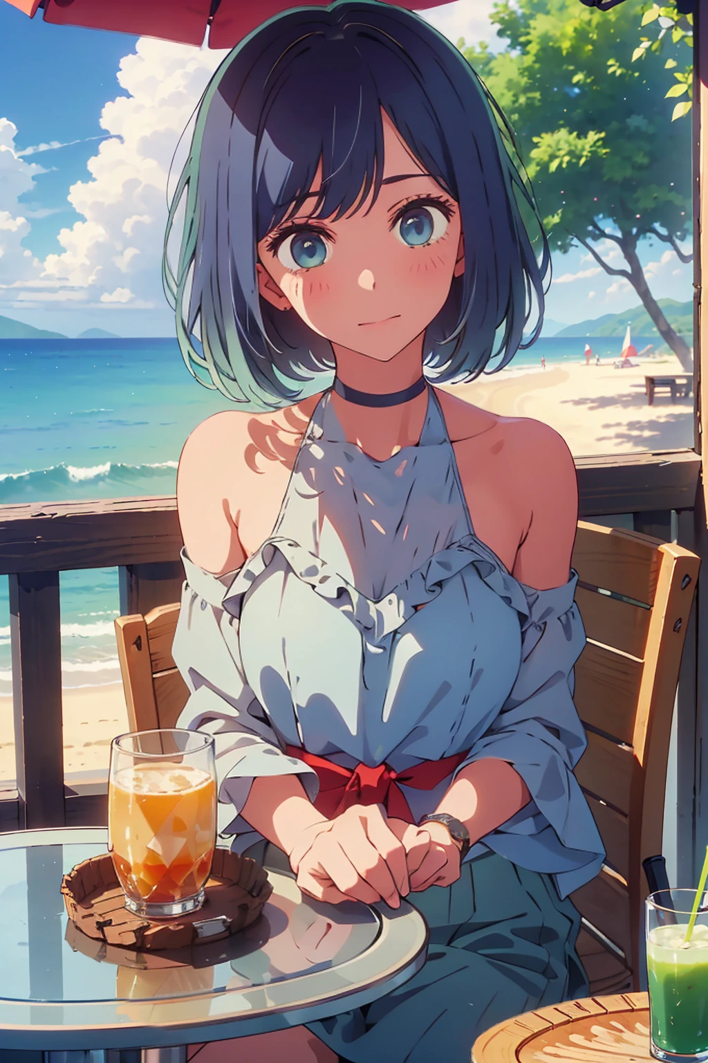 (Highest quality:1.4、masterpiece:1.4、Super detailed:1.4、8K:1.4)、((((1 person、Surprised expression、sit、Outdoor café terrace、coastal、juice、table、Sandy Beach、juiceのグラスを持つ、Big eyes、Plain Bikini、Very cute face))))、F cup bust、Medium breast、Shallow depth of field