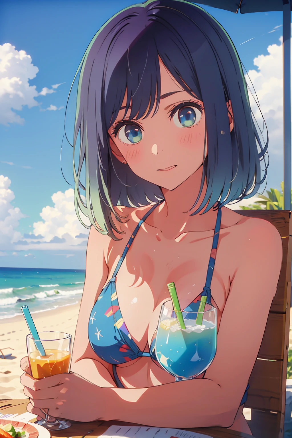 (Highest quality:1.4、masterpiece:1.4、Super detailed:1.4、8K:1.4)、((((1 person、Surprised expression、sit、Outdoor café terrace、coastal、juice、table、Sandy Beach、juiceのグラスを持つ、Big eyes、Plain Bikini、Very cute face))))、F cup bust、Medium breast、Shallow depth of field