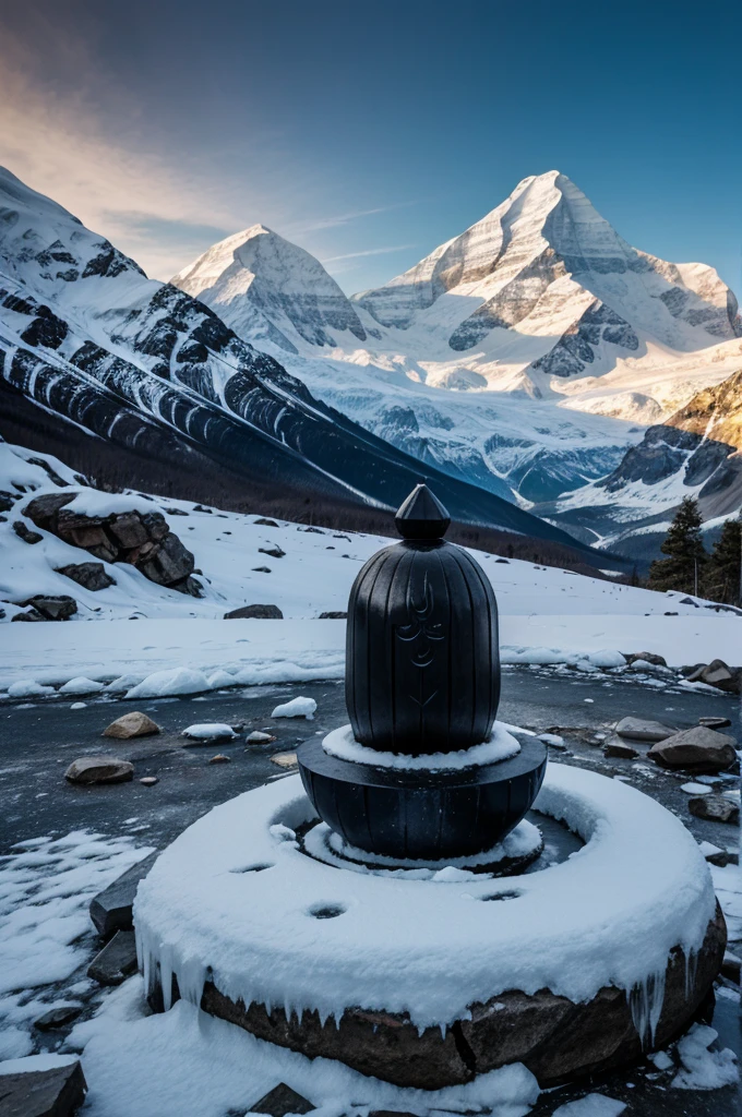 Shiv linga on ground covered of ice, mountain on side,dark sky