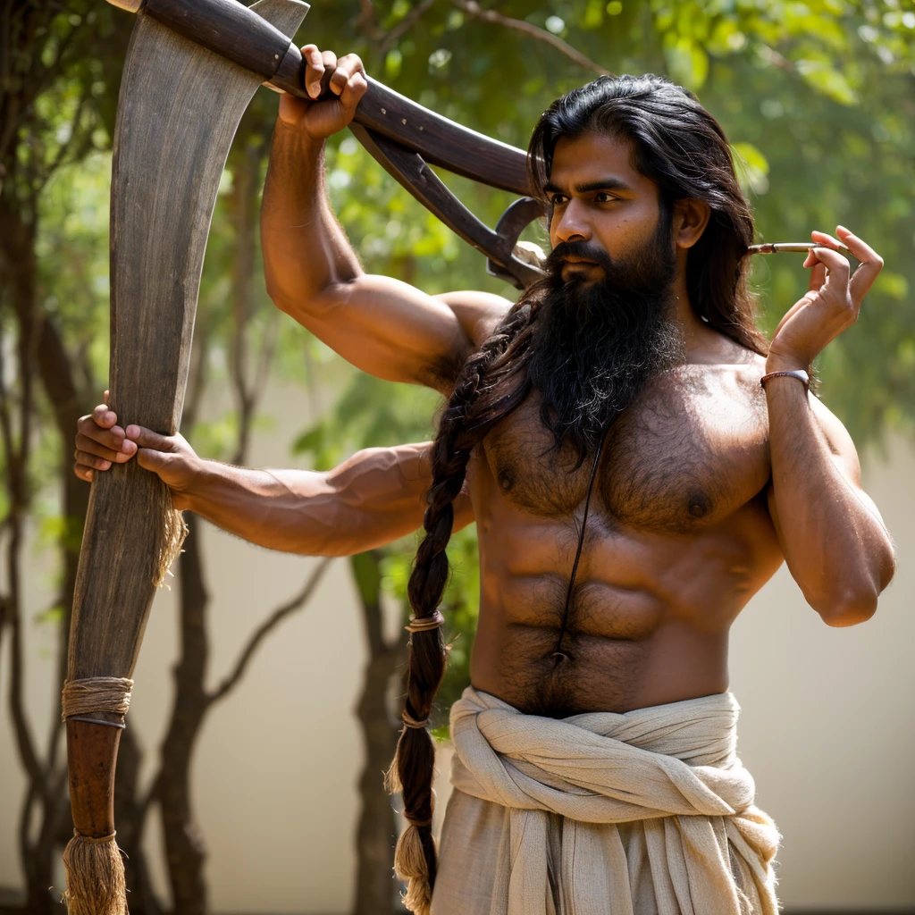 An indian man, well build physic, toned muscles, well defined details, long hair, bearded, holding an axe, wearing a safron colour dhothi, wearing rudraksha around the neck and hands