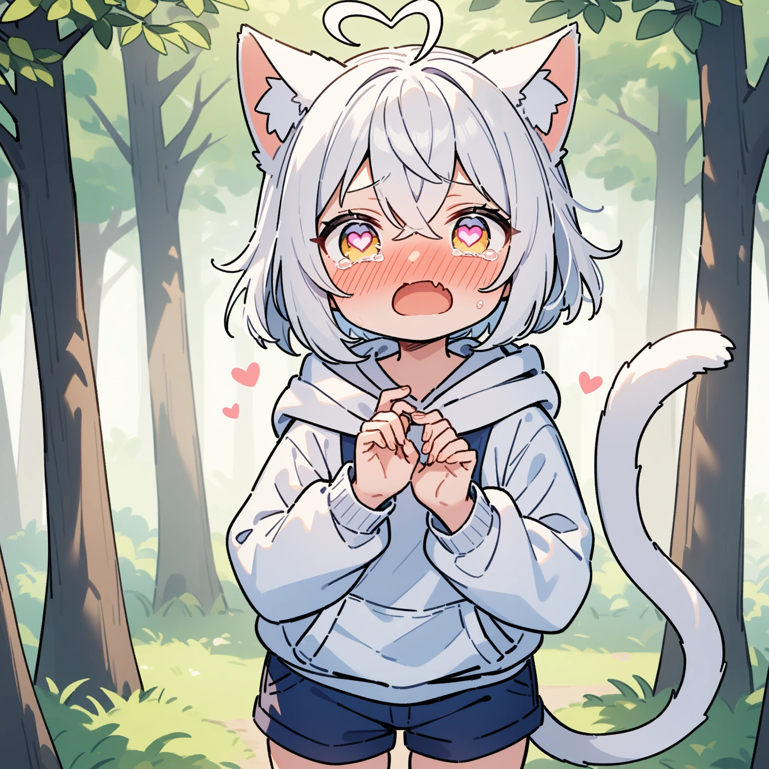 （masterpiece：1.2，high quality），8K，High resolution，A seven-year-old boy，cute boy，white hair，streaked hair，short hair，crossed bangs，light yellow eyes，（（heart-shaped pupils）），heart-shaped eyes，heart ahoge，cat ears，full-face blush，tears，skin fang，Halation，Wearing a white hoodie，Dark blue shorts，Stand in the forest，There are flowering trees on both sides.，primary school student，thigh，alone，cat tail，（Put your hands in your pockets）
