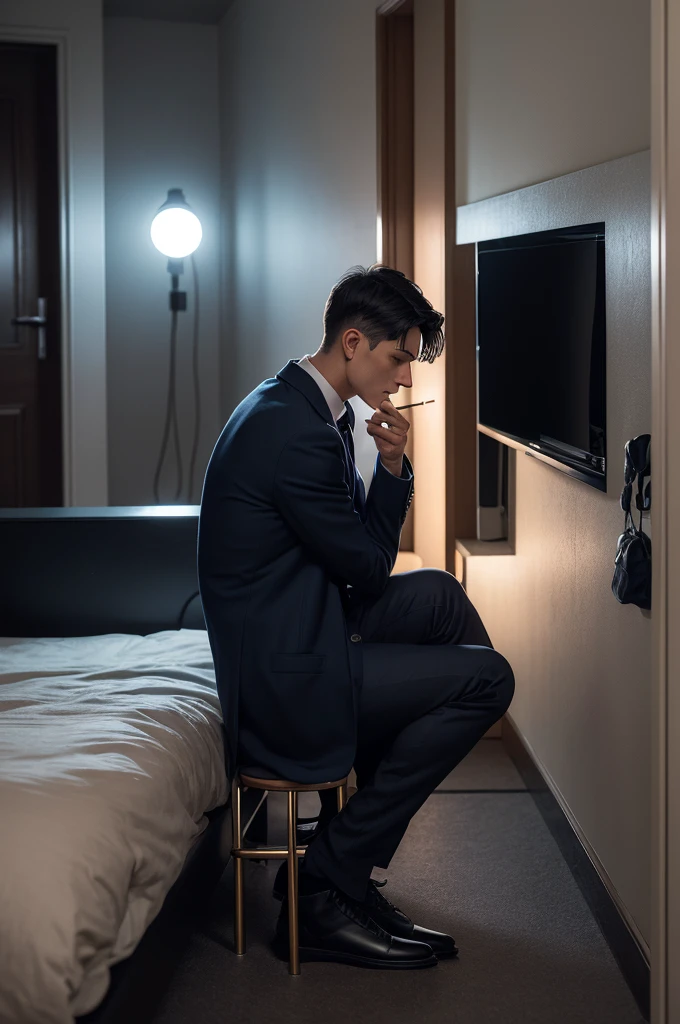 A man wearing a navy blue coat with a pocket on the left chest and gray pants. He is in a small, dark room, sitting on the floor with his back against the middle of the bed and his legs stretched out in front of him.. This man is smoking a cigarette and looking at nothing in front of him with wide eyes and behind this bed there is a closed door where you can see the yellowish light passing under it..
