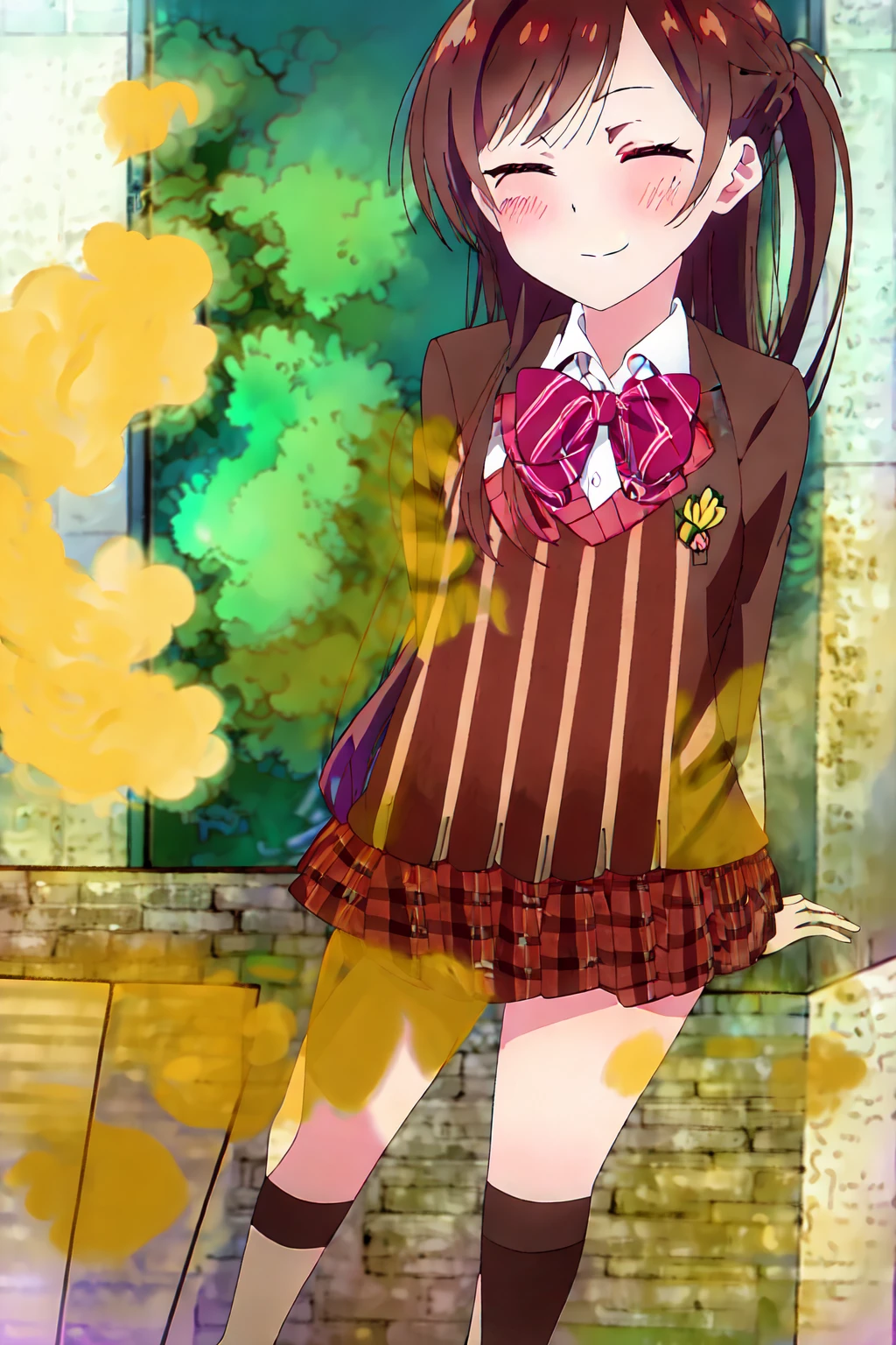 solo, 1female, ChizuruMizuhara,1girl, half updo, straight hair, long hair, side ponytail, , blazer, open clothes, collared shirt, striped bowtie, sweater vest, plaid pleated miniskirt, black socks loafers, massive fart, yellow smoke rising, relieved face, relief, closed eyes, climax, climax face, smiling, blush, bend over, alone in park