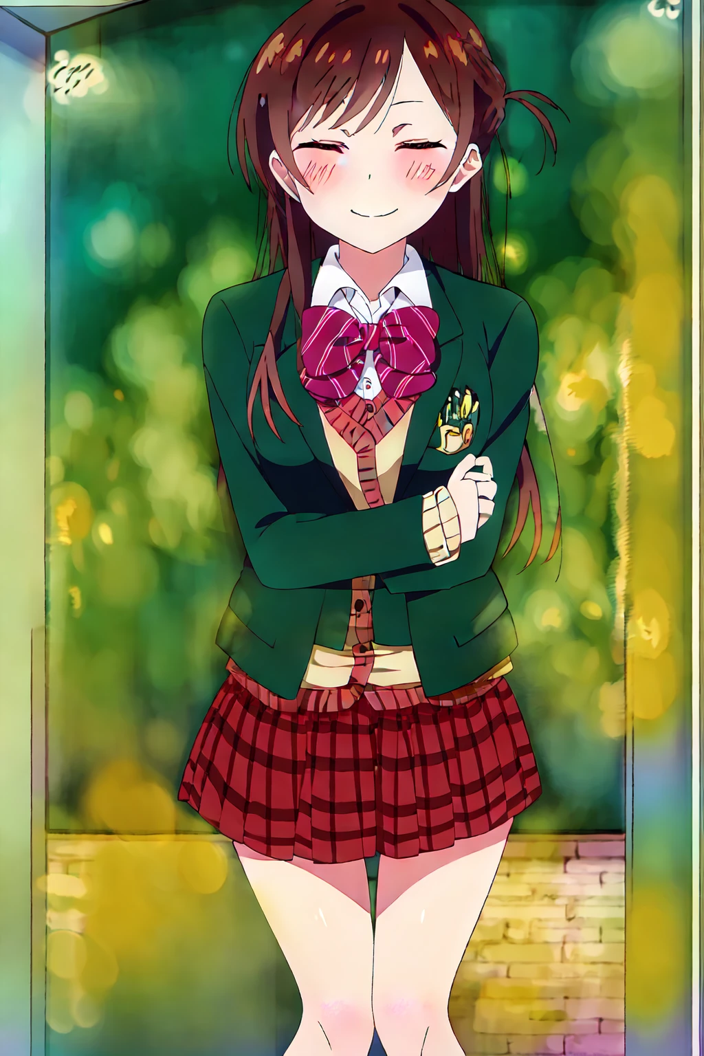 solo, 1female, ChizuruMizuhara,1girl, half updo, straight hair, long hair, side ponytail, , blazer, open clothes, collared shirt, striped bowtie, sweater vest, plaid pleated miniskirt, black socks loafers, massive fart, yellow smoke rising, relieved face, relief, closed eyes, climax, climax face, smiling, blush, bend over, alone in park