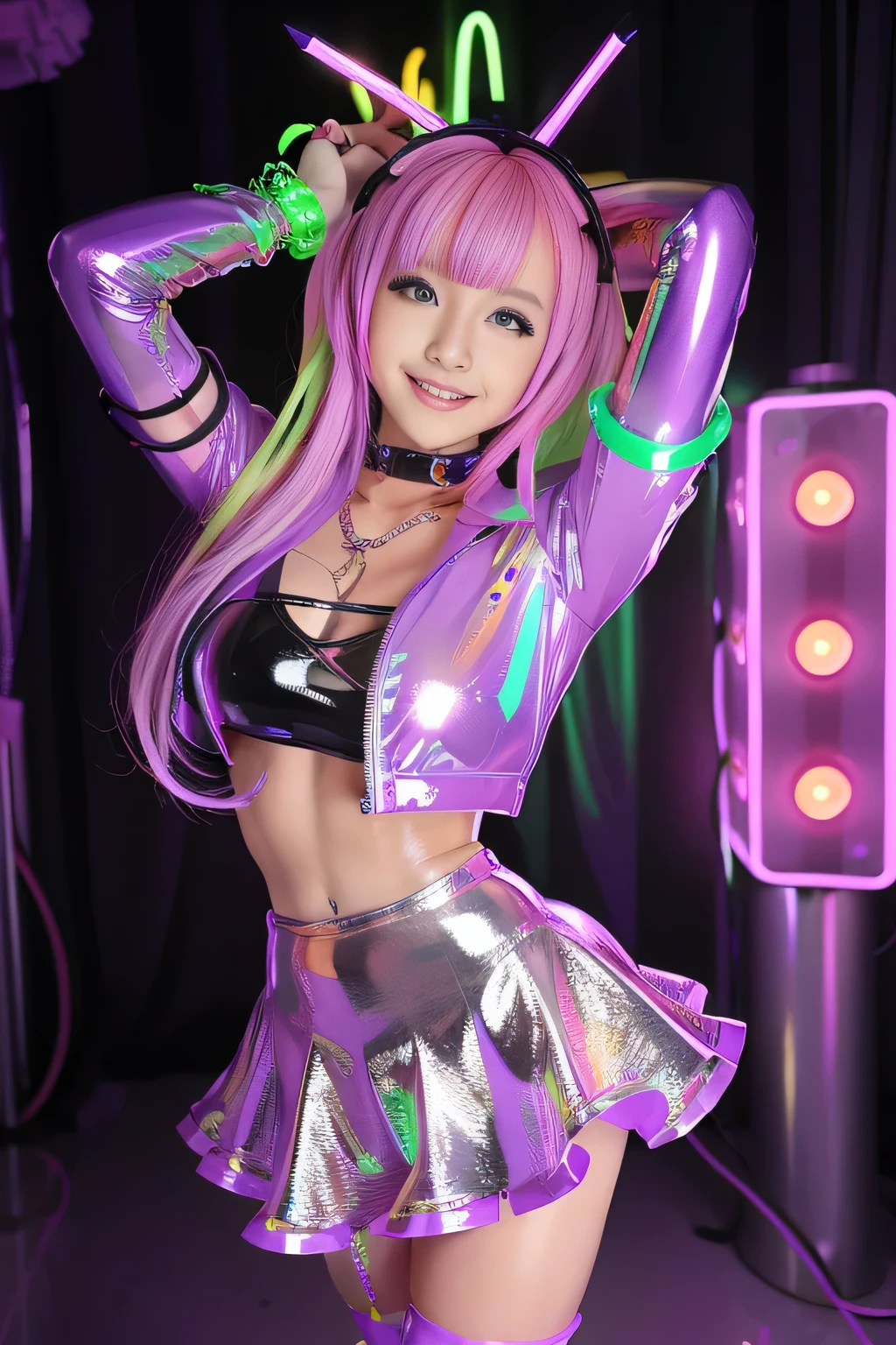 Browsing Caution、Female Idols、A kind smile、Shiny latex mini skirt (Neon Lavender)、Esbian all over、(Multicolored Hair)、