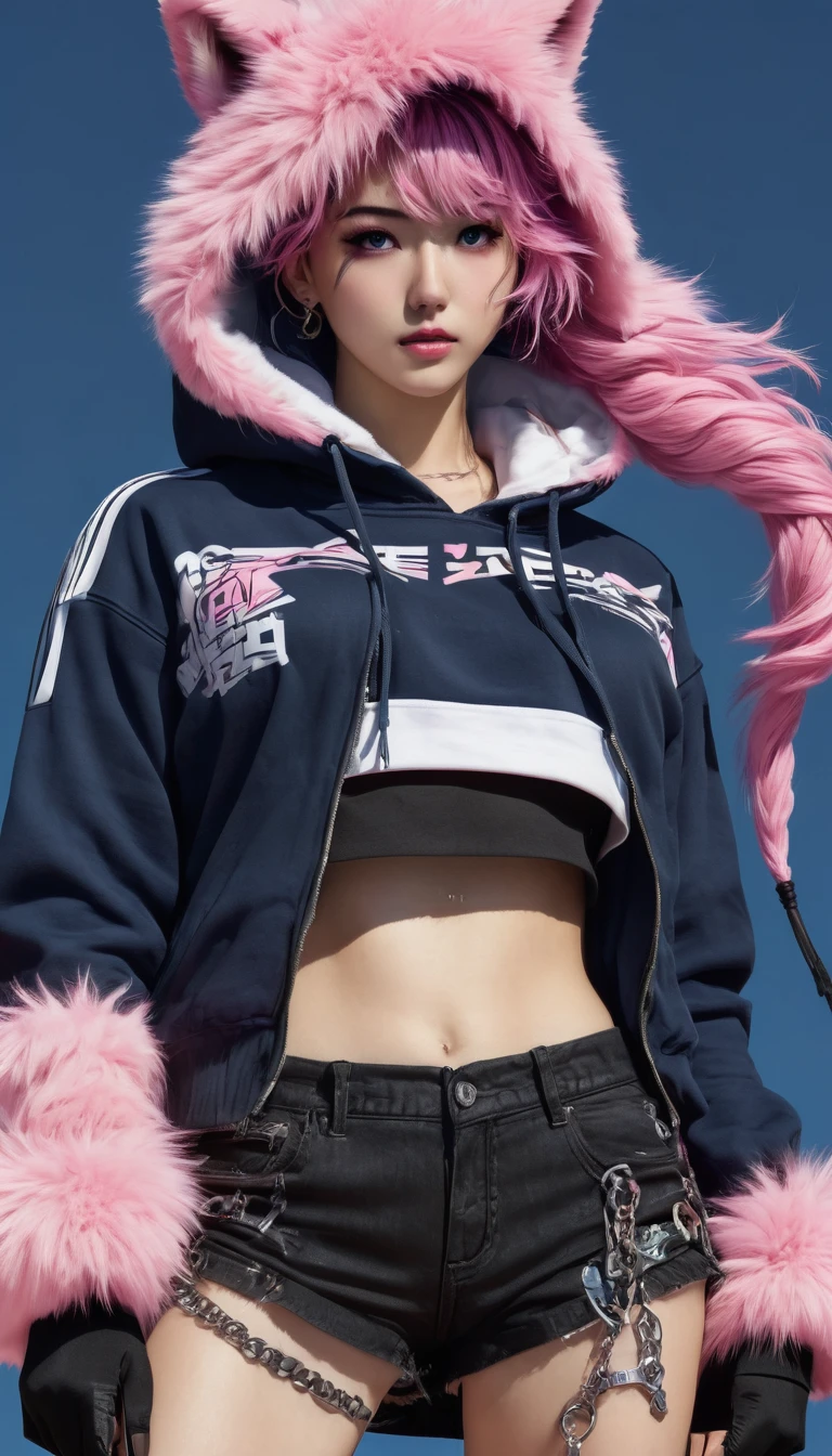 Ultra-realistic CG K ,((premium、8k、32k、Masterpiece)), (superfine illustration)、(súper high resolution), (((body adulto))), (Masterpiece, Best Quality:1.2), ((Masterpiece, of the highest quality, Maximum image quality, high resolution, photorealistic, photo and gross, 8k)),Oh, league of legend, sexy for, wallpapers, detailed eyes, fox ear, (fox tails), a skirt, (long pink fur), medium breasts, Looking at_It is shown in_Looking atl espectador, short_Hair, gloves, belly button, fail, Blue_there are eyes, Eternal, full_body, weapon, Footwear, Necklaces, negro_gloves, pulp, hooded, Hair_overcome_Yoon_there are eyes, cultivator_above, Hoodie, negro_pants, sneakers, cut_Jacket, cyber punk character, cut_Hoodie