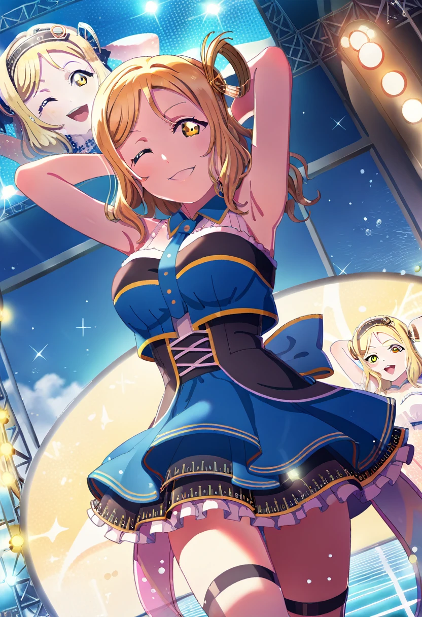 score_9, score_6_up, score_5_up, score_4_up, source_anime, masterpiece, best quality, hires,2D,love live!,big_head,glossy skin,
sparkle,idol stage,stage lights, audience, 
ohara mari,large breasts,blonde hair, yellow eyes, medium hair,(single hair ring:1.2),evil smile, arms behind head, one eye closed, 
1girl,solo,idol,idol_dress,excited,cowboy shot,dutch angle,bare shoulders,summer, 