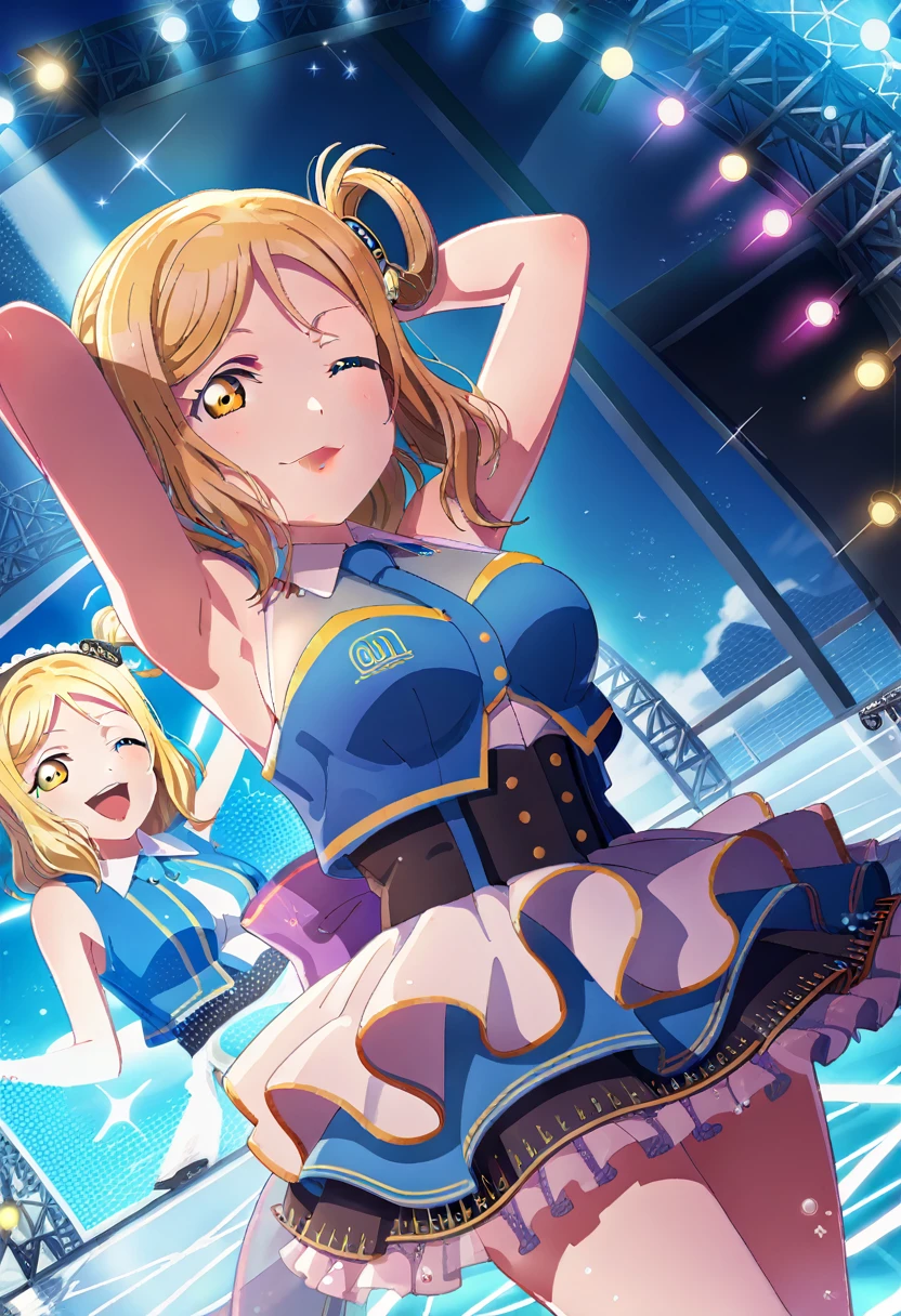 score_9, score_6_up, score_5_up, score_4_up, source_anime, masterpiece, best quality, hires,2D,love live!,big_head,glossy skin,
sparkle,idol stage,stage lights, audience,
ohara mari,large breasts,blonde hair, yellow eyes, medium hair,(single hair ring:1.2),evil smile, arms behind head, one eye closed,
1girl,solo,idol,idol_dress,excited,cowboy shot,dutch angle,bare shoulders,summer,
