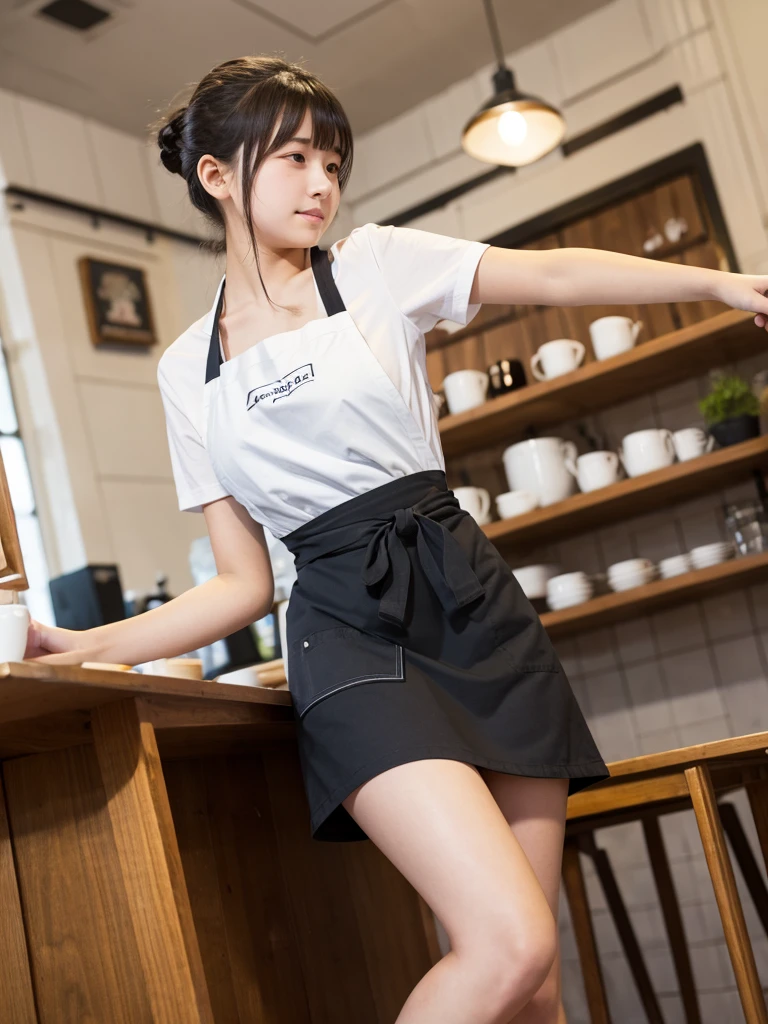 18-year-old girl working at a quiet cafe. Apron skirt.　　Low angle shooting