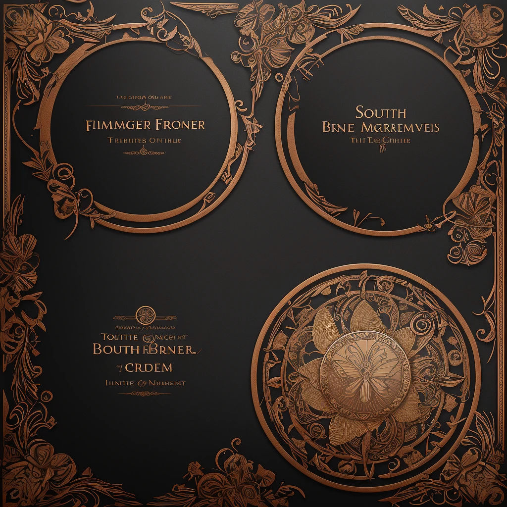 Create a 3D token frame border featuring a flaming metallic bronze blood butterfly circle. Place a man in a suit in the center of the circle. Inscribe the name 'SOUTH GM BED FAIRIES' within the design