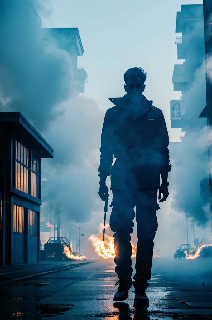 Silhouette of a man in urban clothing wrapped in a flaming blue mist