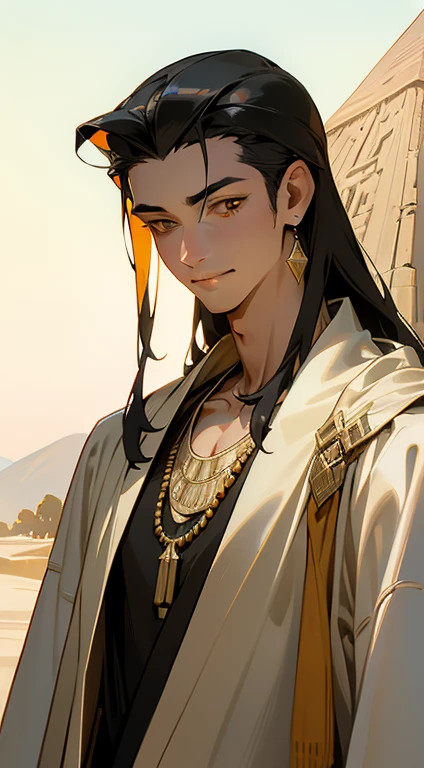realistic, masterpiece, best quality, colorful,(finely detailed beautiful eyes and detailed face), delicated smile, happy eyes, nature lighting, extremely detailed CG unity 8k wallpaper, 1boy, tall muscular guy, Clothes: white robe with colorful jewelry fill around shoulders, naked upper body. Accessories: necklace, bracelet. Appearance: long black hair, light colored pupils, yellow eyes, Tan skin, Hair slicked up, Head tilted slightly to one side, flying bangs, handsome, background: desert, pyramid, sand, sun, morning. ancient Egypt style, Egypt, mature man