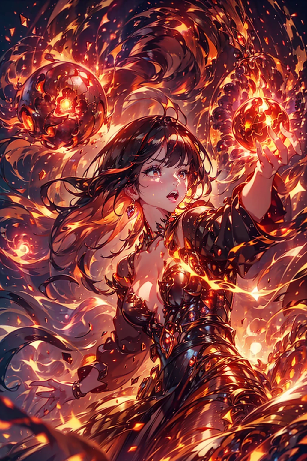 1girl,solo,cute,wizard,robe,cleavage,hold a fireball,red fireball on each hands,around fire aura,perfect hands,perfect finger,explosionmagic,glowing aura