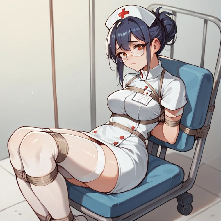 1girl, solo, nurse, nurse cap, white wear, ((white legwear, zettai ryouiki)), sit tied to a chair, glasses, random hair, random eyes, ((hospital room)), sharp outline, short sleeves, best quality, masterpiece