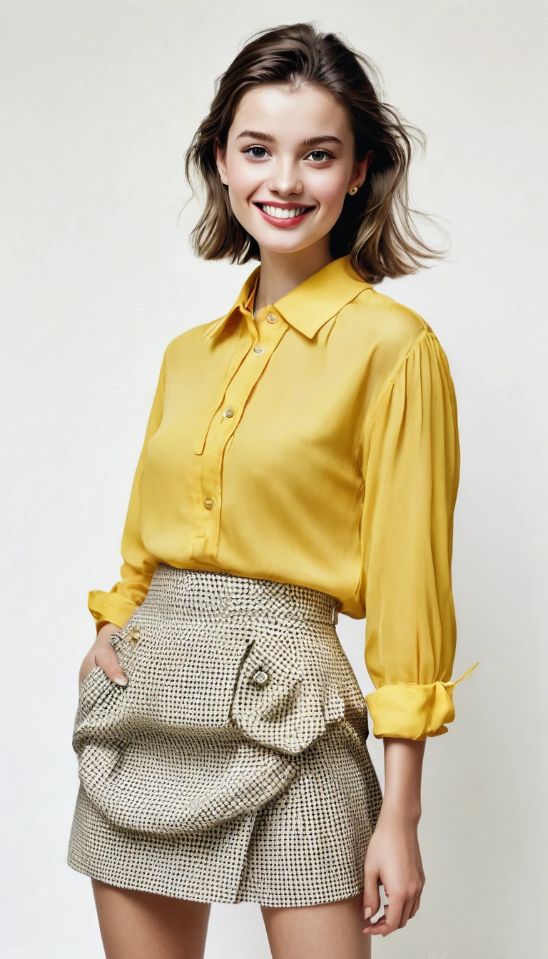 1 girl, realist, standing, Photo, Beautiful yellow blouse, mini skirt, Looking beyond the viewer, female, SMILE, Photorealism, fashion design, simple white background, (Perfect face:1.4), model, Vogue magazine cover