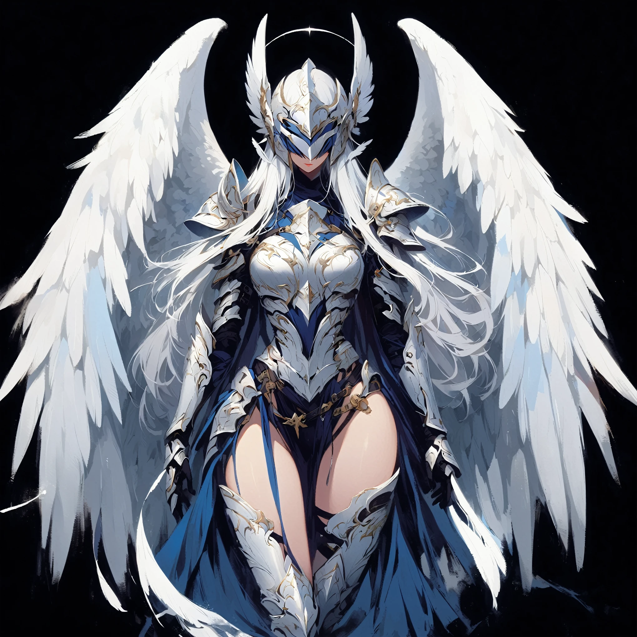 1girl angel with winged helmet covering her eyes angel_wings armor feathers_Long wing feathers_Hair Shoulder Armor Shoulder_Armor single piece_Upper wing separation_The body is white_Theme blue_Wings Wings