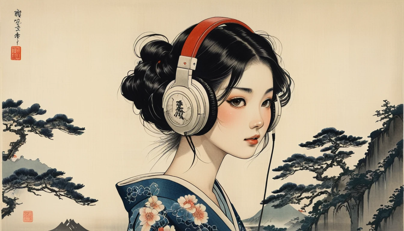 Goldfish print kimono, TATOO on the face, Highest quality, Katsushika Hokusai, Ink Painting, (((1 girl))), Japanese style headphones, beautiful girl, Black hair long hair, Delicate and precise, Modern ukiyo-e style, Darkness