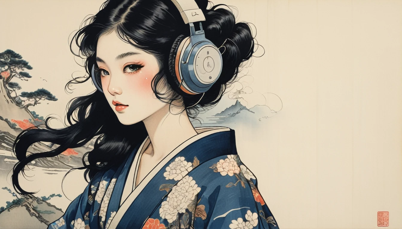 Goldfish print kimono, TATOO on the face, Highest quality, Katsushika Hokusai, Ink Painting, (((1 girl))), Japanese style headphones, beautiful girl, Black hair long hair, Delicate and precise, Modern ukiyo-e style, Darkness