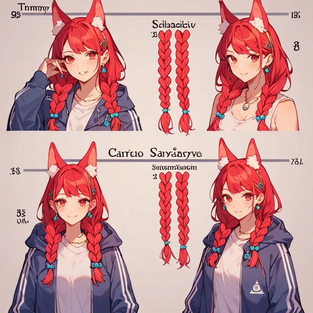 Fraction_9, Fraction_8_up, Fraction_7_up, Fraction_6_up, Fraction_5_Direction_4_up, Interrupt Sources_Japanese cartoons, 1 Girl, Red hair, Animal ears, Wear a long-sleeved jacket, creative design, whole body, Reference table, Role List, Tokyo Avengers Style、Red Hair、Red eyes、Long hair、Double braids、Girl、Lovely、Energetic、Combo chart、