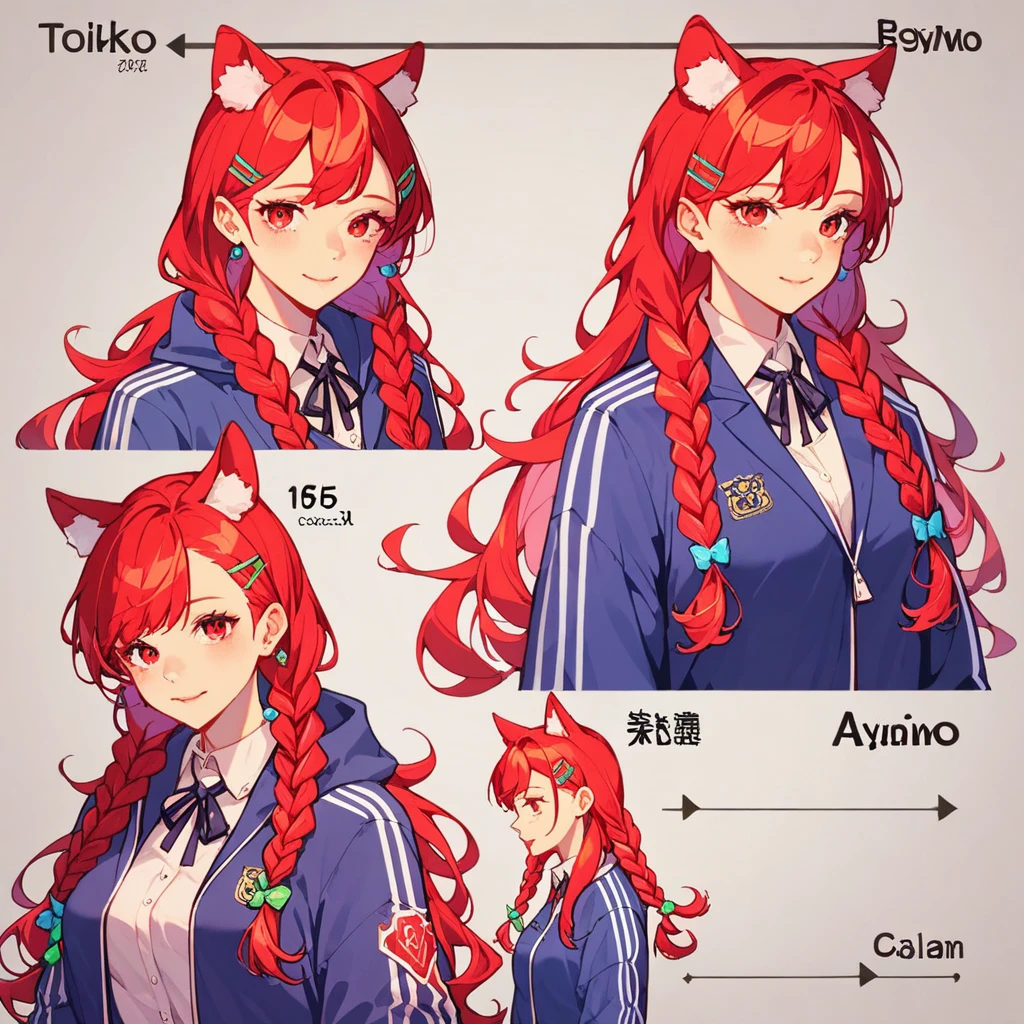 Fraction_9, Fraction_8_up, Fraction_7_up, Fraction_6_up, Fraction_5_Direction_4_up, Interrupt Sources_Japanese cartoons, 1 Girl, Red hair, Animal ears, Wear a long-sleeved jacket, creative design, whole body, Reference table, Role List, Tokyo Avengers Style、Red Hair、Red eyes、Long hair、Double braids、Girl、Lovely、Energetic、Combo chart、