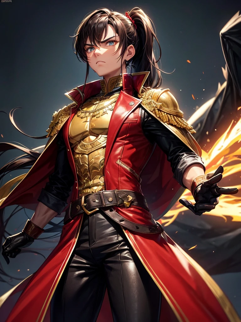 Young about 1.78 meters high, with a slim but muscular build, and brown skin. her hair is long, smooth and dark brown, usually loose with one part tied in a low ponytail. His intense amber eyes and serious, cold expression give him an intimidating appearance.. He stands out for the tattoo of a black dragon on his left arm. Wear a dark brown leather open jacket with gold and red details; Underneath he wears a white shirt and black gloves.