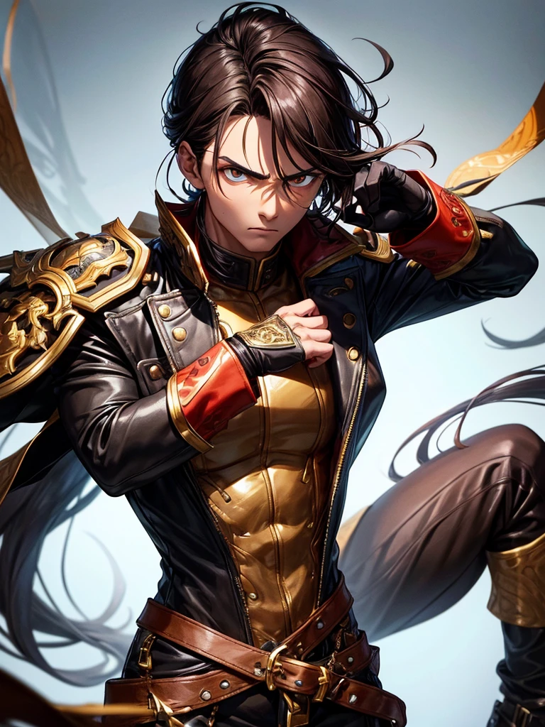 Young about 1.78 meters high, with a slim but muscular build, and brown skin. her hair is long, smooth and dark brown, usually loose with one part tied in a low ponytail. His intense amber eyes and serious, cold expression give him an intimidating appearance.. He stands out for the tattoo of a black dragon on his left arm. Wear a dark brown leather open jacket with gold and red details; Underneath he wears a white shirt and black gloves.