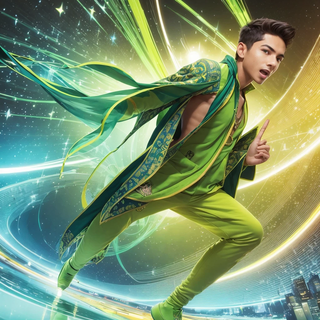 Create an image of a young male activist wearing vibrant green clothing. He should be in a dynamic, energetic pose, creatively inspiring and exciting a diverse group of people around him. The setting should be lively and colorful, reflecting a sense of enthusiasm and creativity. Include elements that highlight his charismatic and motivational personality, such as expressive gestures, an engaging smile, and vibrant surroundings filled with creativity and positive energy.