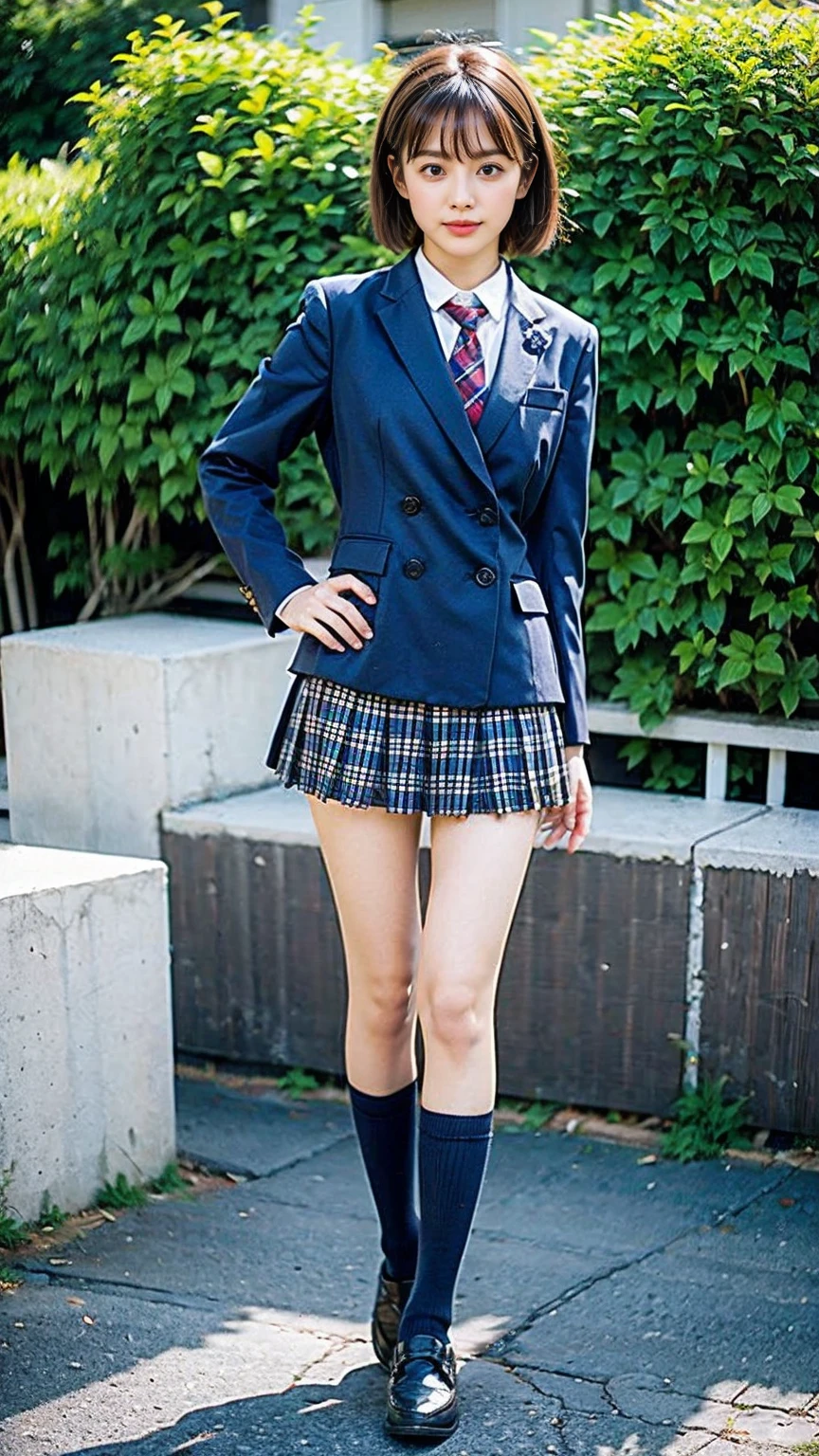 (8K、RAW Photos、Highest quality、masterpiece:1.2)、(Realistic、Realistic)、1 Girl、((Black Check Mini Skirt、High School Uniform、blazer、Navy Socks、loafers、Medium Hair、garden、View from the front、Looking into the camera、Stand with hands on hips))、cute