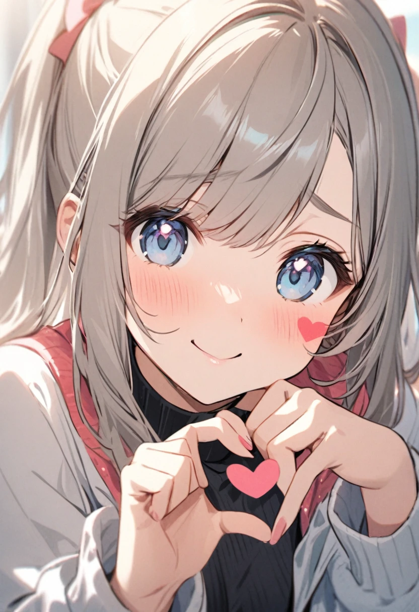 Cute girl makes a heart on her cheek with her hand