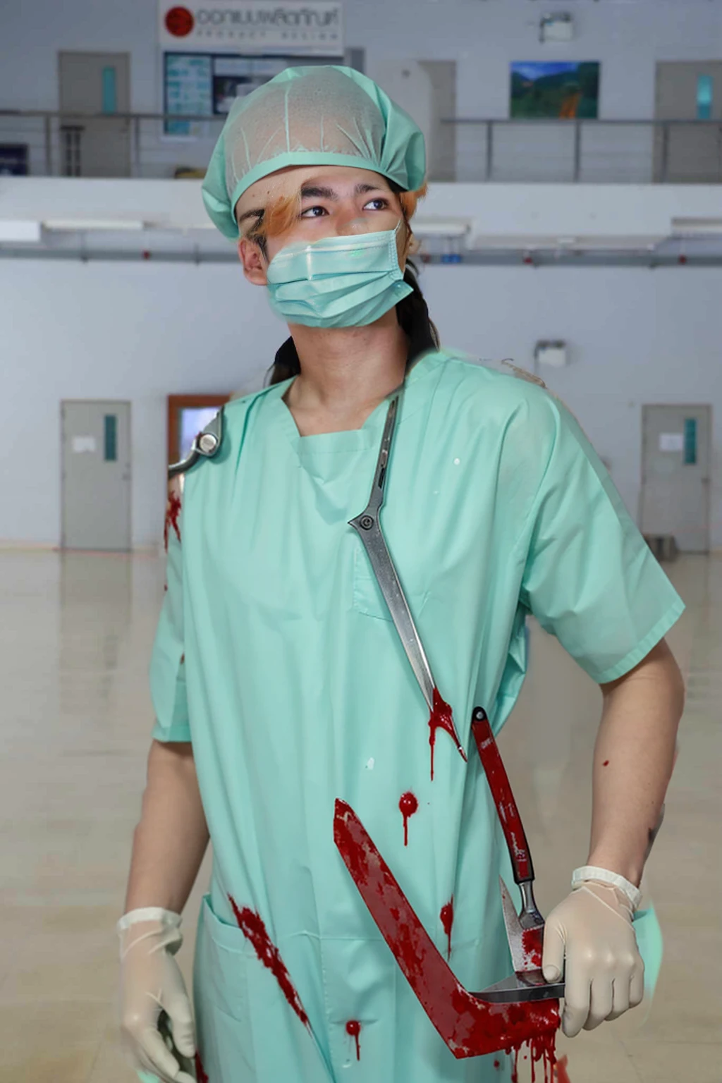 blood-stained surgical gown with visible splatters and smears of blood.
Surgical gloves, also covered in blood, with some tears and wear.
A surgical mask that has dark, ominous stains and possibly a sinister smile peeking from behind it. Holding a bloody scalpel or surgical saw in one hand, with blood dripping from the blade.
Other surgical tools like forceps or scissors can be tucked into the pockets of the gown, also stained with blood.
A headlamp or surgical cap with blood splatters for additional detail.