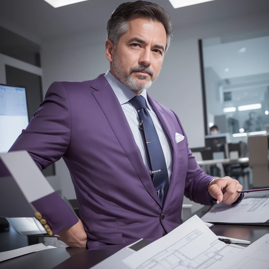 Create an image of a middle-aged male architect wearing a sophisticated purple suit. He should be portrayed in a thoughtful and strategic pose, perhaps looking over blueprints or working on a futuristic architectural model. The setting should be modern and sleek, reflecting his intellectual prowess and strategic genius. Include elements that emphasize his analytical mind and innovative thinking, such as complex diagrams, a high-tech environment, and an intense, focused expression. The overall atmosphere should convey intelligence, precision, and visionary leadership.