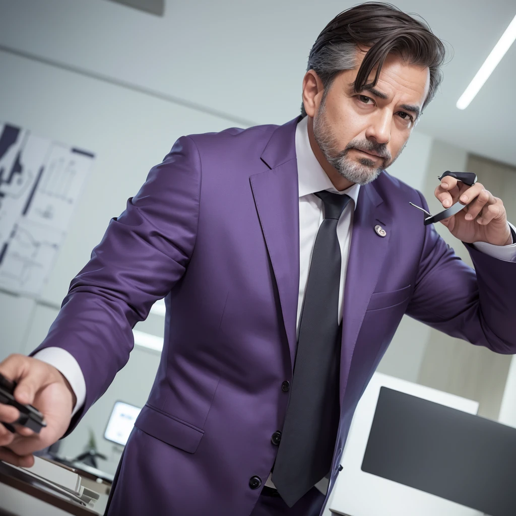 Create an image of a middle-aged male architect wearing a sophisticated purple suit. He should be portrayed in a thoughtful and strategic pose, perhaps looking over blueprints or working on a futuristic architectural model. The setting should be modern and sleek, reflecting his intellectual prowess and strategic genius. Include elements that emphasize his analytical mind and innovative thinking, such as complex diagrams, a high-tech environment, and an intense, focused expression. The overall atmosphere should convey intelligence, precision, and visionary leadership.